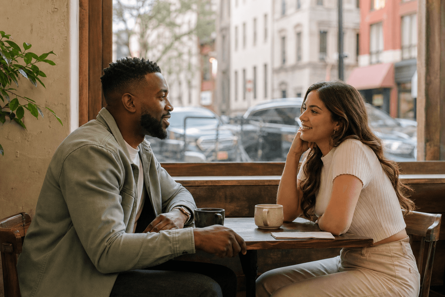 Two people sharing an intentional conversation over coffee